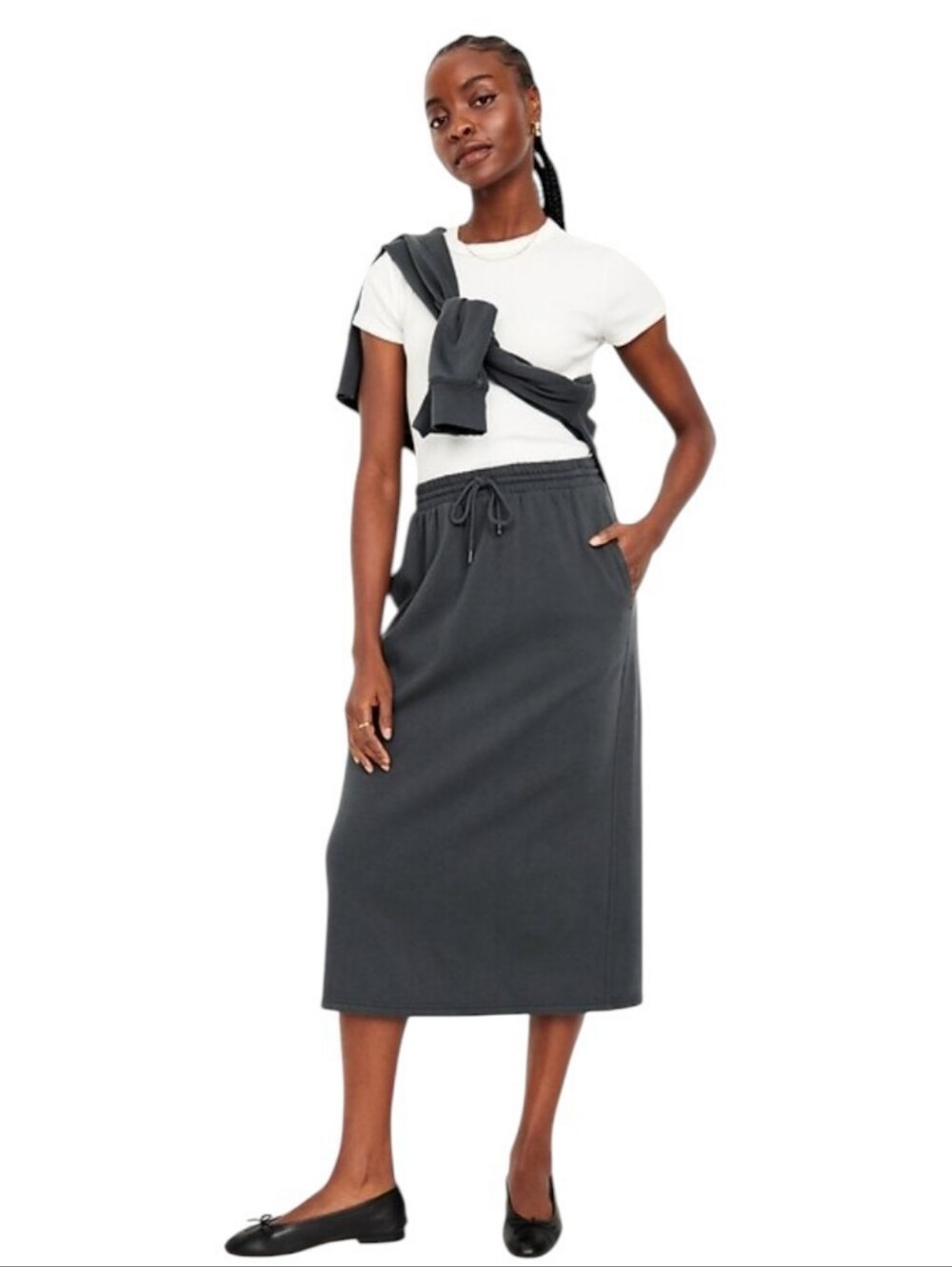Old Navy SoComfy High Waisted Fleece Midi Skirt Drawstring Waist Gray Small